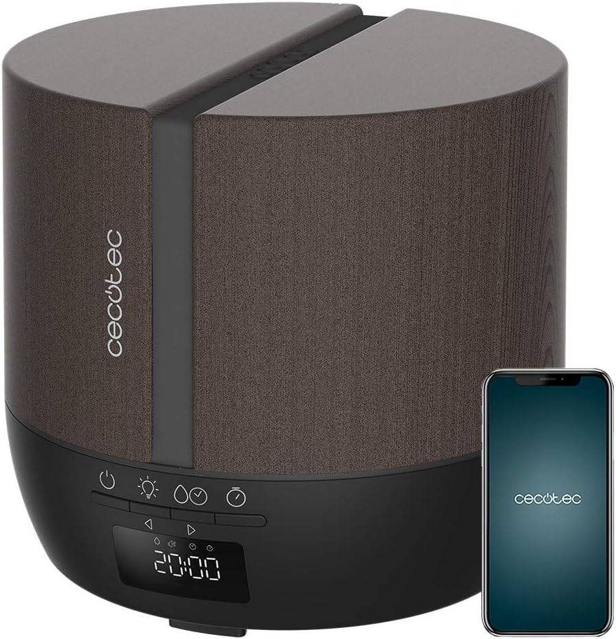 Cecotec Difusor de aromas PureAroma 550 Connected Black Woody. Capacidad 500ml, Pantalla LED, Altavoz, Control por bluetooth, App, Temporizador 12h, 3 Modos de funcionamiento, Cobertura 30m2